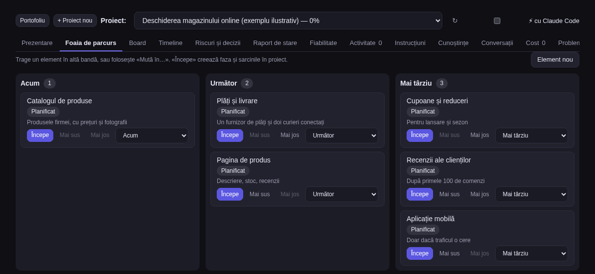Foaia de parcurs a proiectului ilustrativ «Deschiderea magazinului online»: elementele grupate în trei benzi, Acum, Următor și Mai târziu.